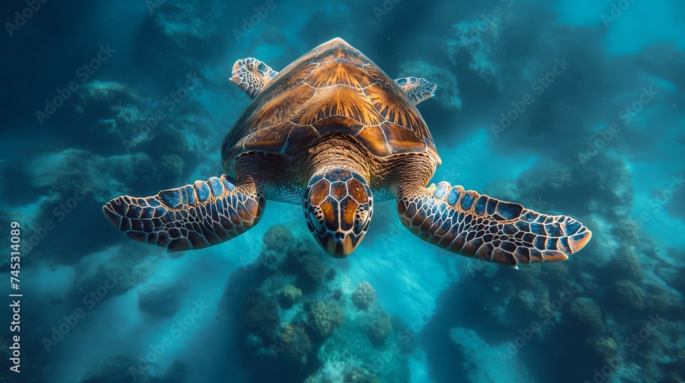 Obraz premium Sea turtle close up over coral reef