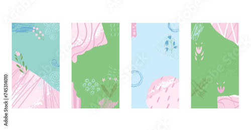 Spring abstract backgrounds set with collage elements for social media. Flower and geometric shapes banner templates. Cards with decoration. Vector flat illustration