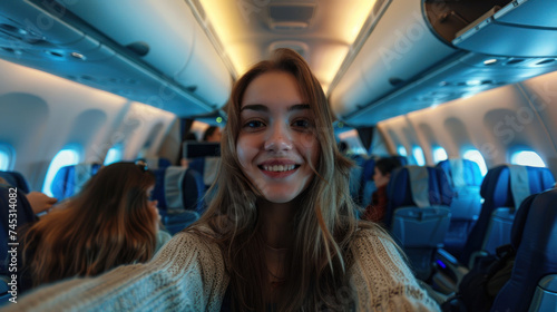 young selfie photo, inside the passenger plane