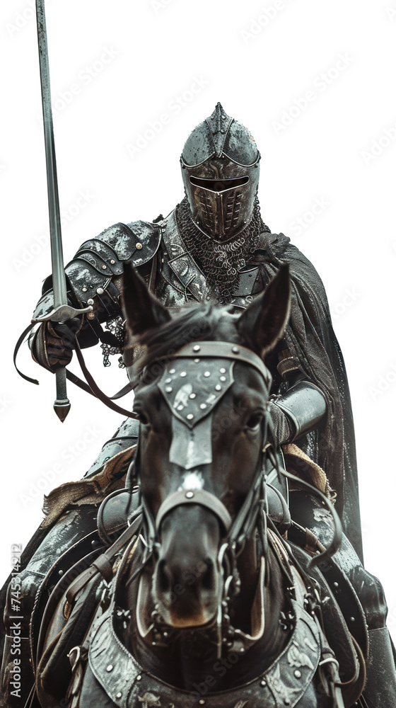 Fototapeta premium A knight in small armor like an ancient warrior, holding a sword, riding a horse on transparent background