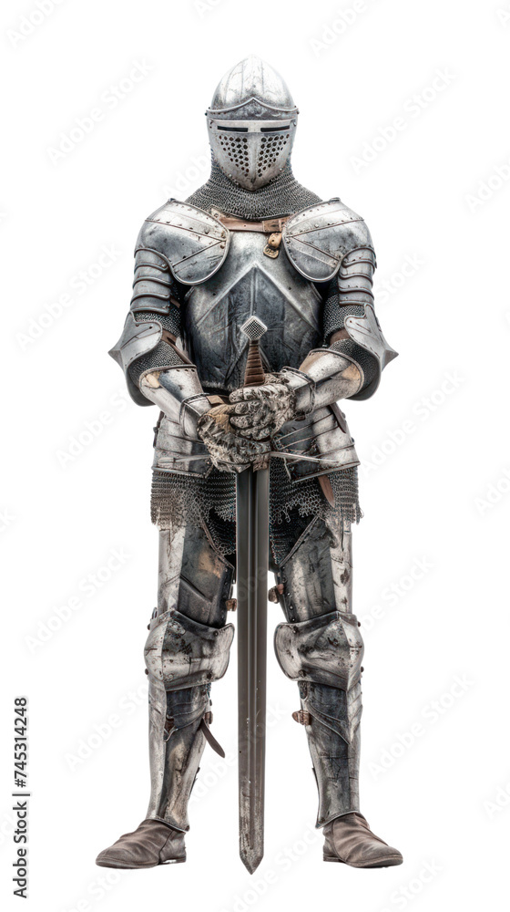 A knight in small armor like an ancient warrior, holding a sword, on transparent background A knight in small armor like an ancient warrior, holding a sword, on transparent background