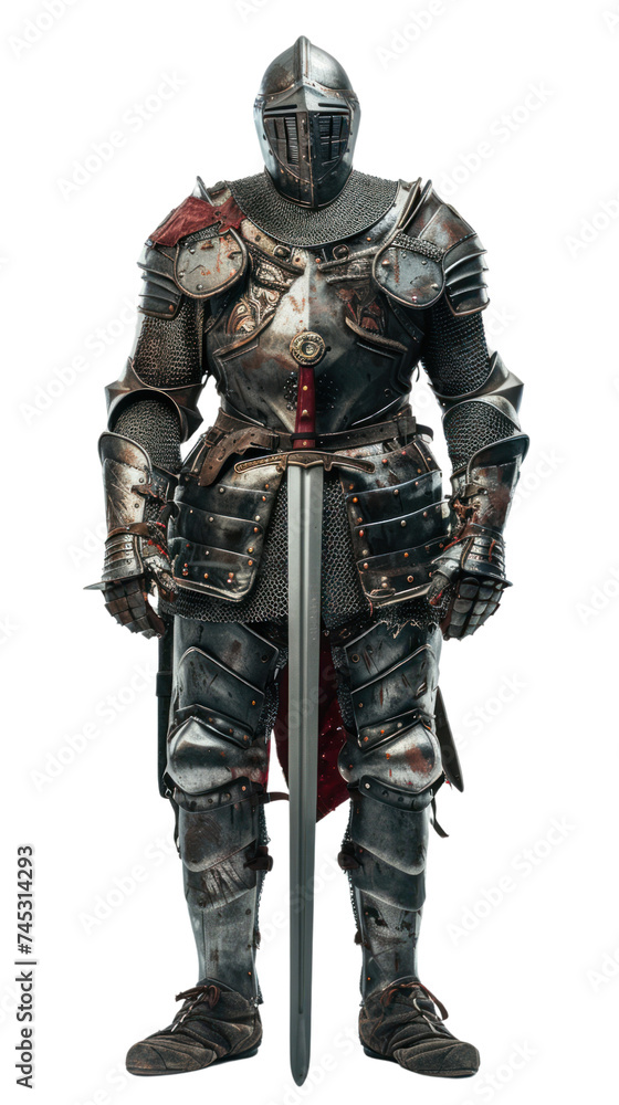 A knight in small armor like an ancient warrior, holding a sword, on transparent background