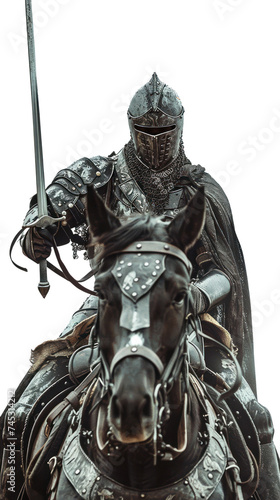 A knight in small armor like an ancient warrior  holding a sword  riding a horse on transparent background