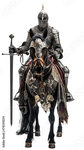 A knight in small armor like an ancient warrior, holding a sword, riding a horse on transparent background