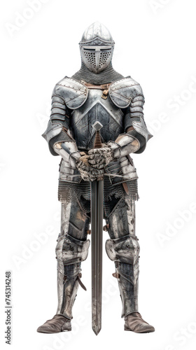 A knight in small armor like an ancient warrior, holding a sword, on transparent background