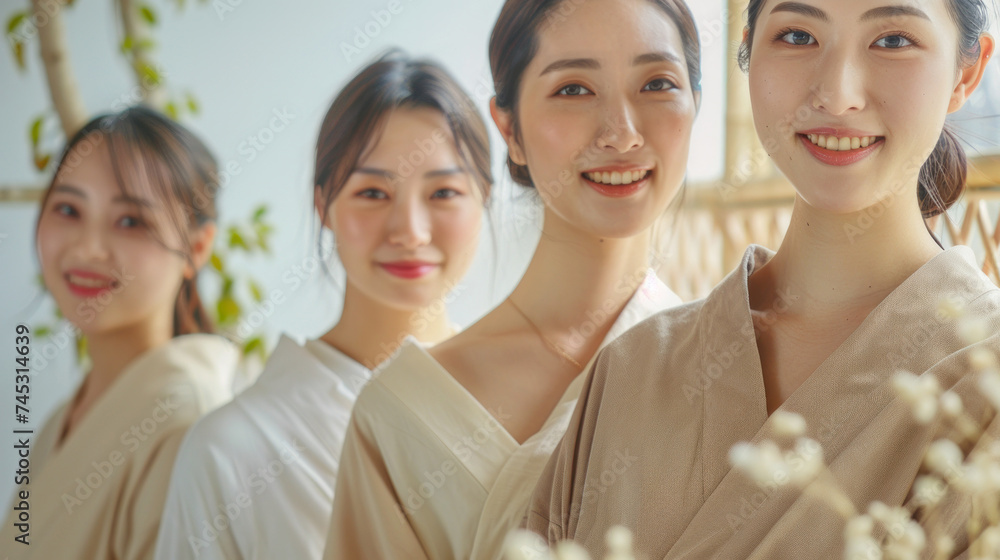Beauty image of a group of middle aged Japanese women wearing natural color outfits Skin care Cosmetics Beauty image of a group of middle aged Japanese women wearing natural color outfits Skin care Cosmetics
