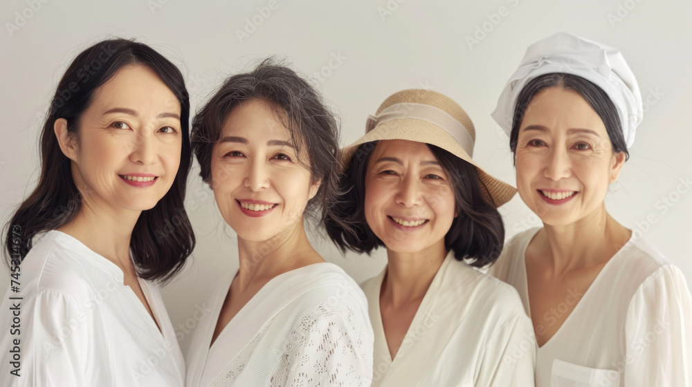 Beauty image of a group of middle aged Japanese women wearing natural color outfits Skin care Cosmetics Beauty image of a group of middle aged Japanese women wearing natural color outfits Skin care Cosmetics