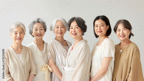 Beauty image of a group of middle aged Japanese women wearing natural color outfits Skin care Cosmetics
