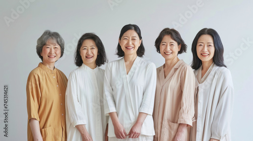 Beauty image of a group of middle aged Japanese women wearing natural color outfits Skin care Cosmetics