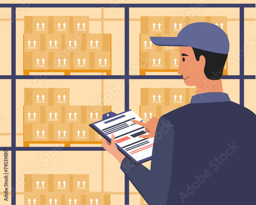 Worker checks inventories in warehouse Storage boxes in warehouse store  Warehouse Logistics Vector illustration in flat style