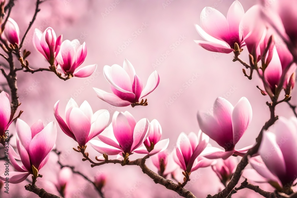 Fototapeta premium Pink spring magnolia flowers branch set of different beautiful flowers on white background banner design