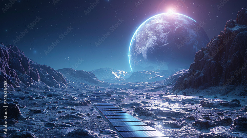 Extraterrestrial technology concept, alien solar panels on a distant planet surface - obrazy, fototapety, plakaty 