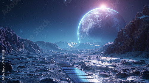 Extraterrestrial technology concept, alien solar panels on a distant planet surface photo