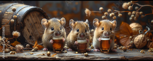 Whimsical mice tasting beer, a tiny barrel in the background photo