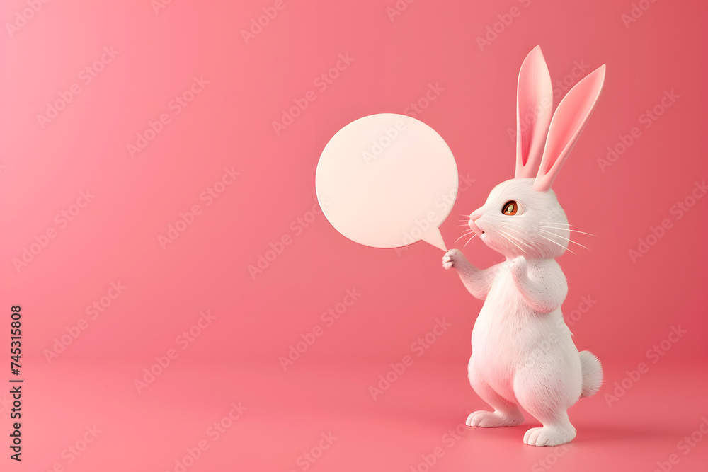 Portrait of 3d cartoon cute bunny easter holding up empty speech bubble in studio background. Portrait of 3d cartoon cute bunny easter holding up empty speech bubble in studio background.