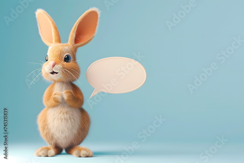 Portrait of 3d cartoon cute bunny easter holding up empty speech bubble in studio background.