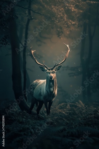 In the heart of the forest, a mythical deer glows with an inner light, meditating amidst the dark, a symbol of resilience