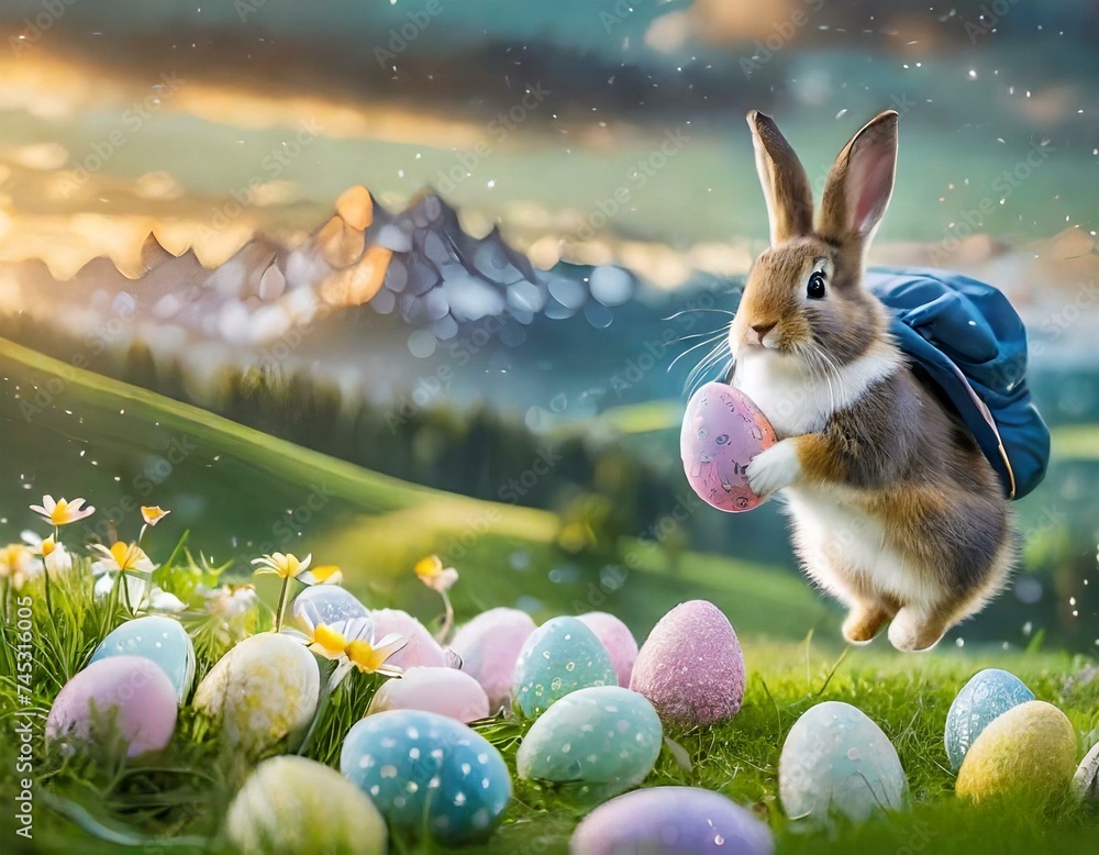 Osterhase verteilt Ostereier auf dem Land / Osterhase versteckt Eier ... Osterhase verteilt Ostereier auf dem Land / Osterhase versteckt Eier ...