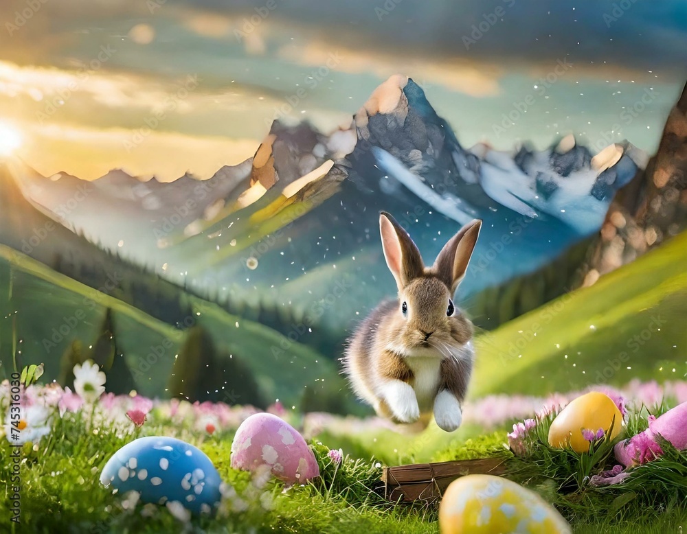 Osterhase verteilt Ostereier auf dem Land / Osterhase versteckt Eier ... Osterhase verteilt Ostereier auf dem Land / Osterhase versteckt Eier ...