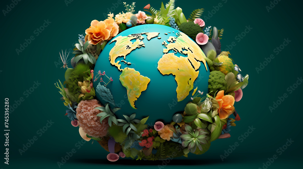 Paper globe surrounded by green leaves, symbolizing environmental protection and care for the fragile planet