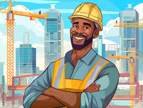 Happy handsome male builder African American on construction background, cartoon style vector 