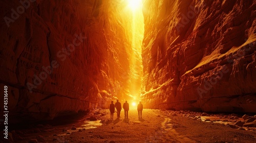 Vivid solar flare illuminating a secretive mafia meeting in an ancient canyon, shadows cast long