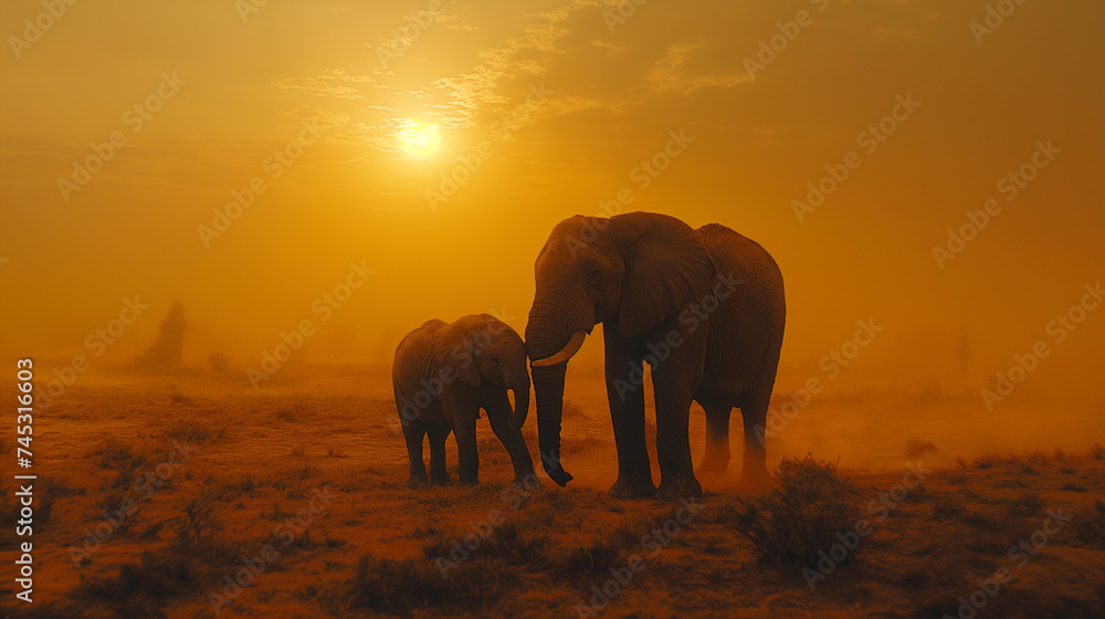 Fototapeta premium Elephant Family at Sunset in Savanna