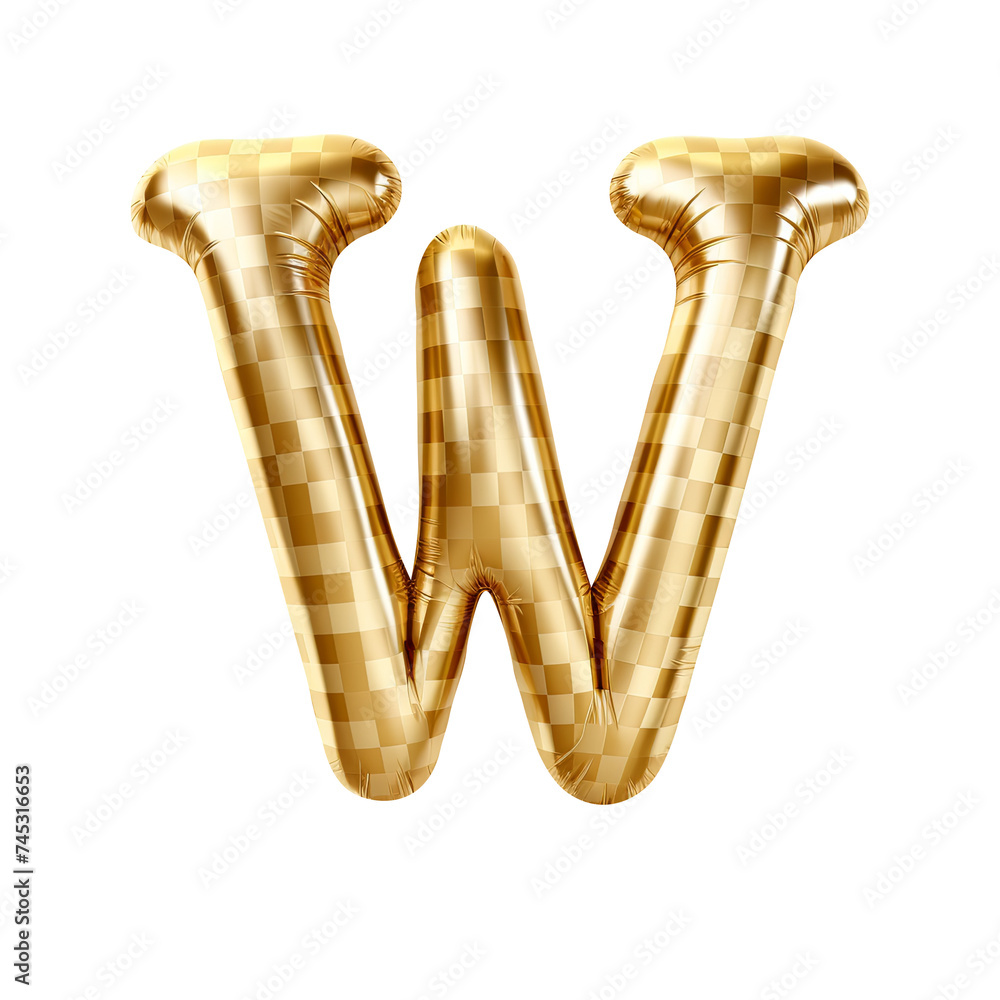 gold gingham metallic W alphabet balloon Realistic 3D on white background. Generative AI gold gingham metallic W alphabet balloon Realistic 3D on white background. Generative AI