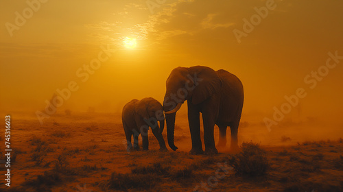 Elephant Family at Sunset in Savanna