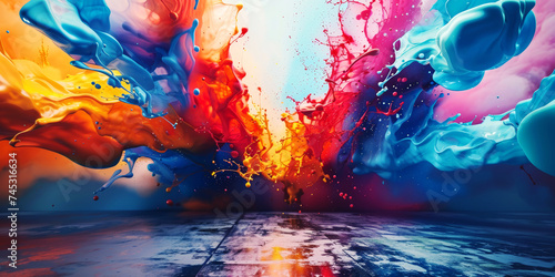 Vibrant Paint Splash in Water.
A dynamic splash of multicoloured liquid paints merging in water with a reflective surface.