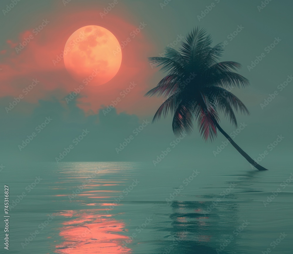 a palm tree with a sun on the water
