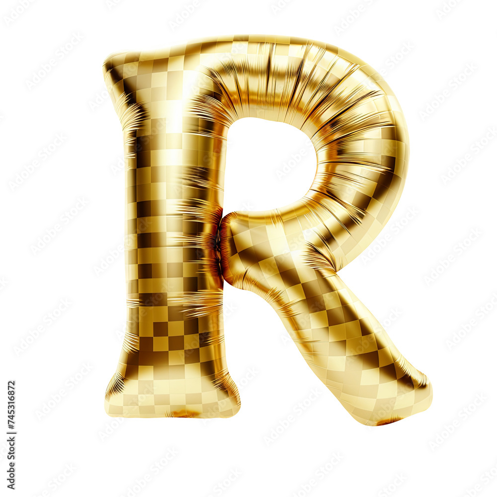 gold gingham metallic R alphabet balloon Realistic 3D on white background. Generative AI