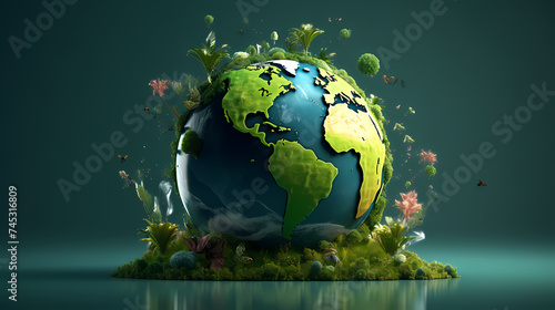 Illustration of earth surrounded by green leaves on soft blue background