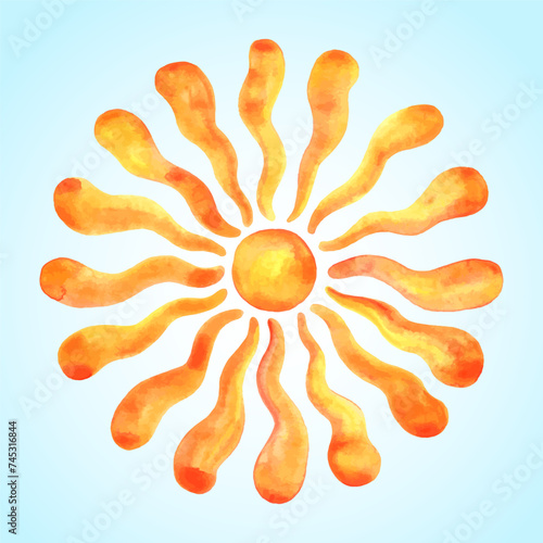 Watercolor vector sun. Naive style. Round shape, watercolour stains. Groovy, funky, hippie illustration. Orange red yellow circle, winding wavy wriggling rays frame. Maslenitsa, Shrovetide background.