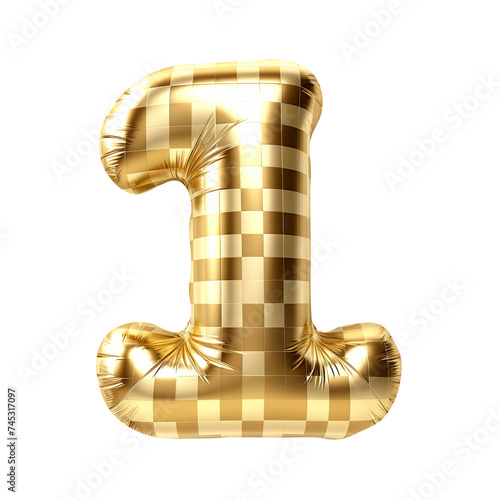 gold gingham metallic 1 numberballoon Realistic 3D on white background. Generative AI photo