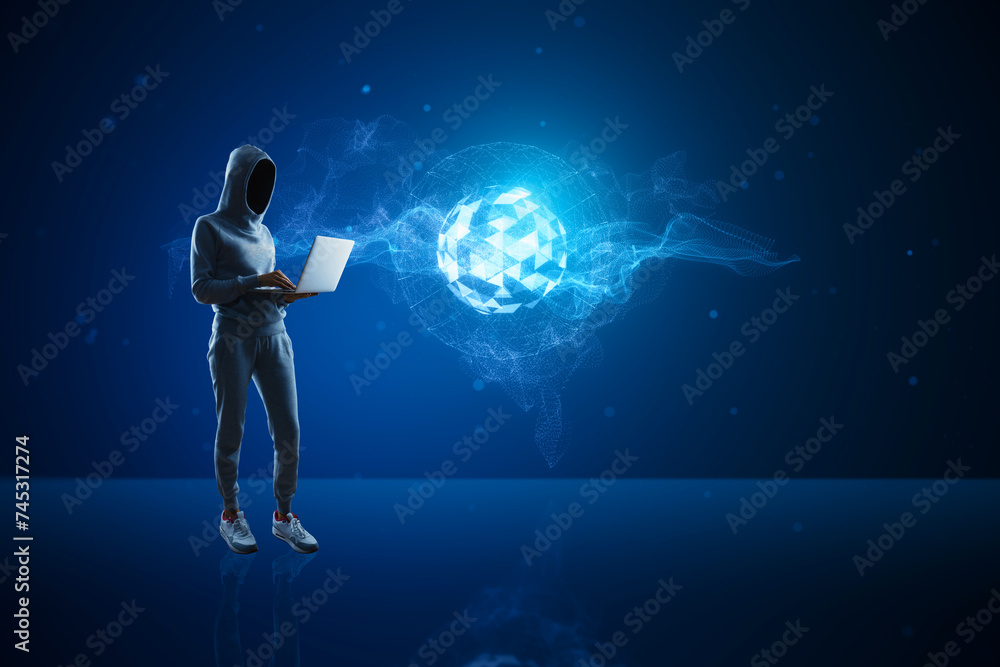 Naklejka premium A hacker with a laptop is shrouded in darkness with a vibrant global network representing connections and cyber threats