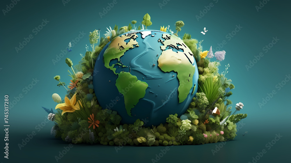 Illustration of earth surrounded by green leaves on soft blue background Illustration of earth surrounded by green leaves on soft blue background