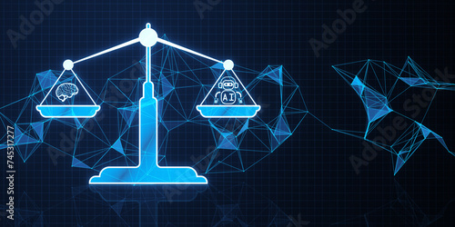 Concept of AI law, artificial intelligence regulations in futuristic glowing low polygonal style with brain and scale symbols on dark blue background. 3D Rendering. photo