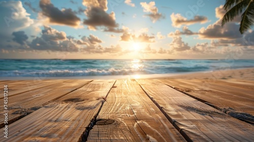 A tranquil tropical beach with fine sandy shores, a blurred sea, sunlit sky, and fluffy clouds in the background