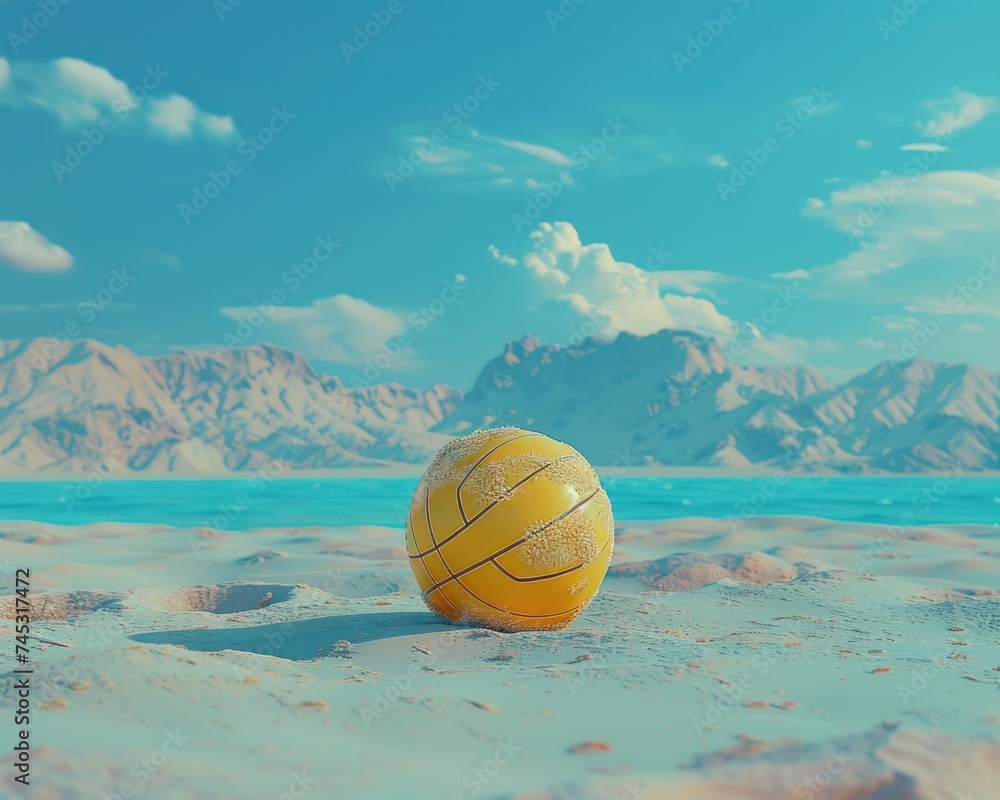 a yellow beach volleyball lies on the sand in front of mountains in blue sky