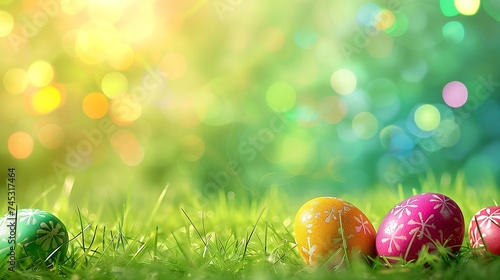 Colorful easter eggs on green grass with bokeh background