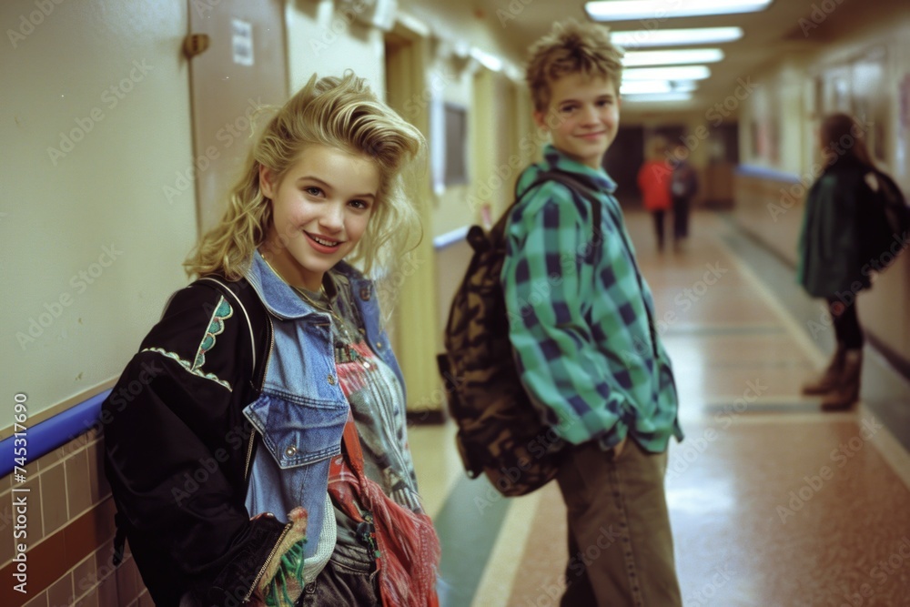 Nostalgic school days: a vibrant glimpse into the 1990s with schoolchildren and teenagers, capturing the essence of youth culture, education, friendships, and iconic fashion