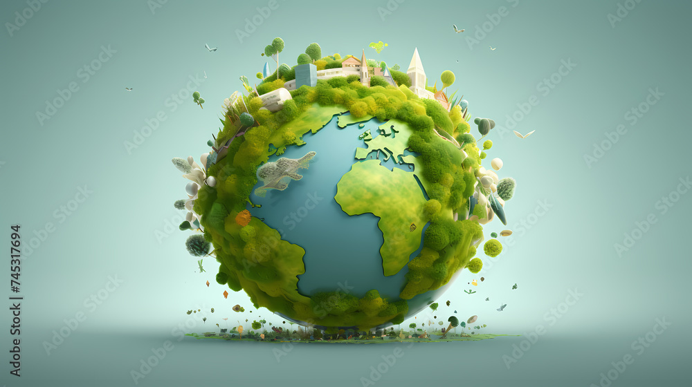 Illustration of earth surrounded by green leaves on soft blue background