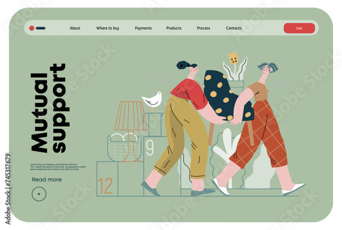 Mutual Support: Assistance with Moving -modern flat vector concept illustration of women collaboratively moving household items A metaphor of voluntary, collaborative exchanges of resource, services