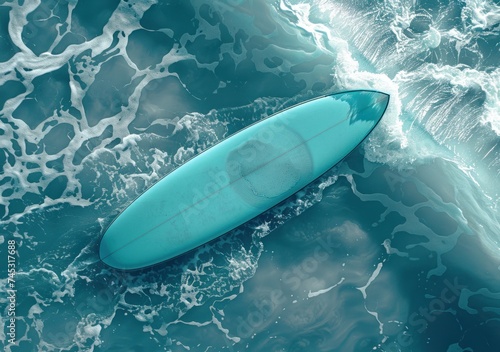 aerial view of a blue surfboard on a blue ocean