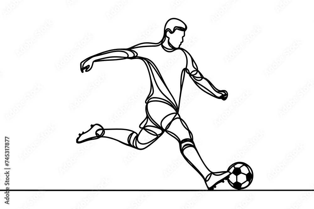Vector drawing of a football player kicking the ball, in a linear style, on a white background.