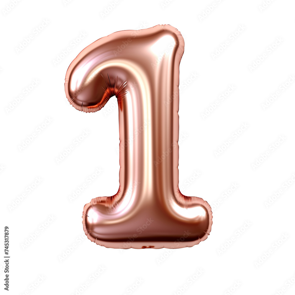 Rose gold metallic 1 number balloon Realistic 3D on white background. Rose gold metallic 1 number balloon Realistic 3D on white background.