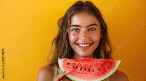A young, attractive woman holds a slice of watermelon, radiating happiness an...