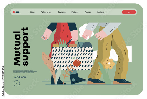 Mutual Support: Helping carry a heavy bag -modern flat vector concept illustration of a woman carrying shopping bag being assisted by man. Metaphor of voluntary, collaborative exchanges of services