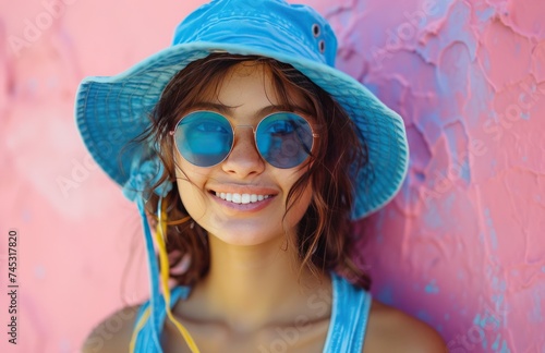 a teenage girl wearing a blue hat and sunglasses smiling
